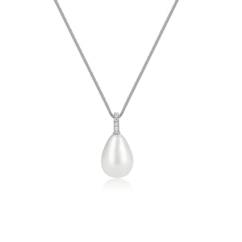 Luna – Klassiskt pärlhalsband i 18k Vitguld med diamantinfattad ögla