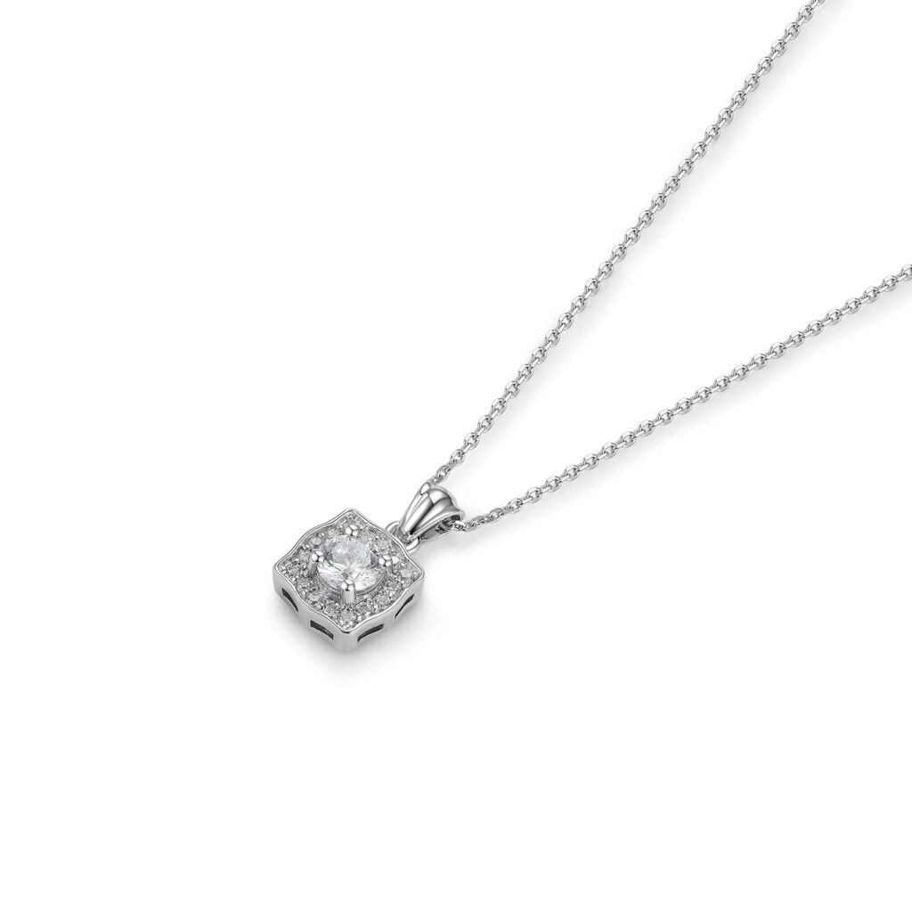 Gemma – Halo diamanthalsband i 18k Vitguld med 16 diamanter