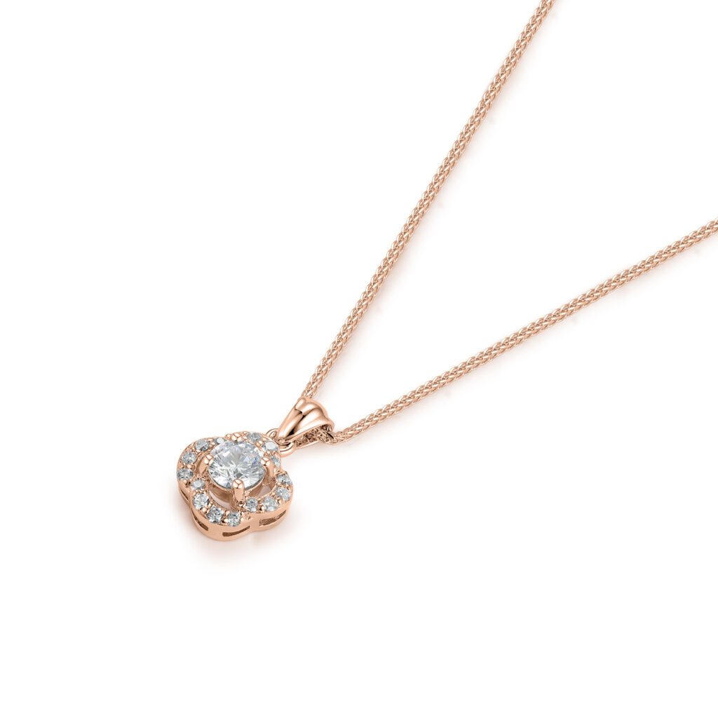 Ariella – Halo diamanthalsband i 18k Roséguld med klassisk infattning