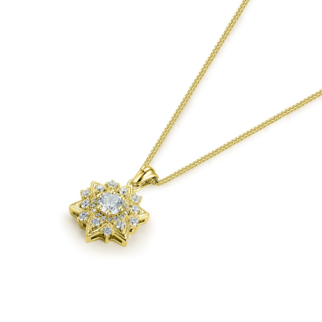 Elsie – Elegant halo-carmoséhalsband i 18k Gulguld med 28 diamanter